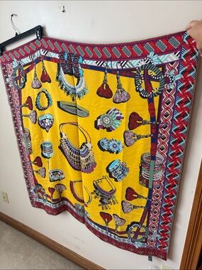 NWT Baoshidi 100% Silk Scarf Hand Rolled Edges Jewelry Tassels Red Yellow